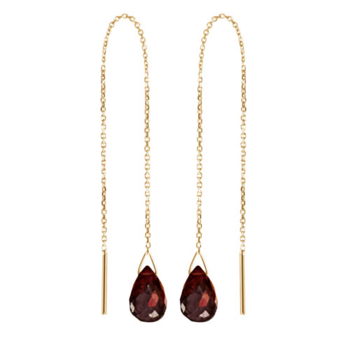 Yellow Gold Threader Earrings with a Tiny Garnet