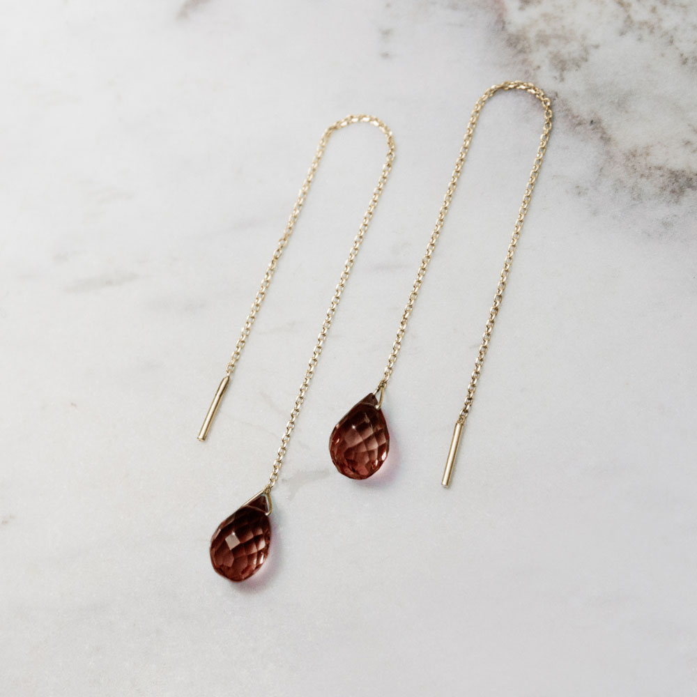 Yellow Gold Threader Earrings with a Tiny Garnet