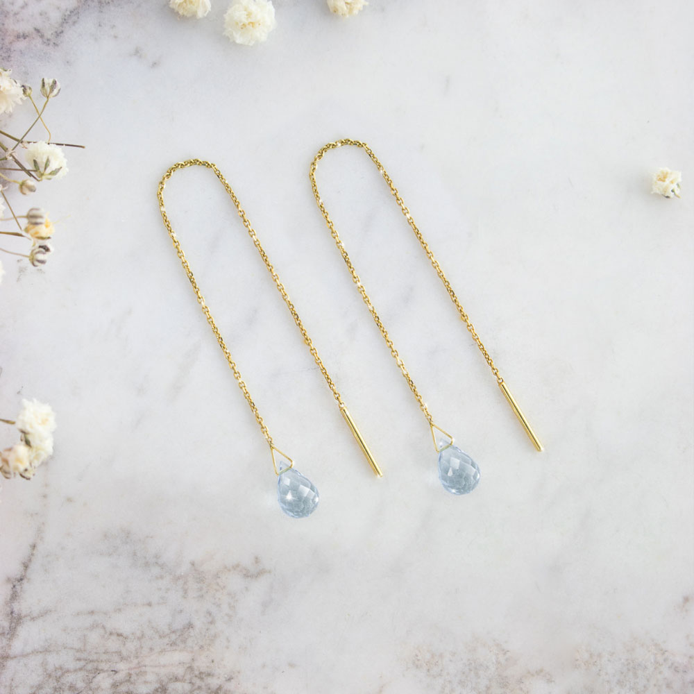 Tiny Aquamarine Yellow Gold Threader Earrings