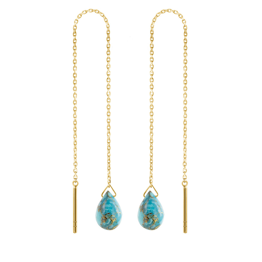 Yellow Gold Threader Earrings with a Small Turquoise