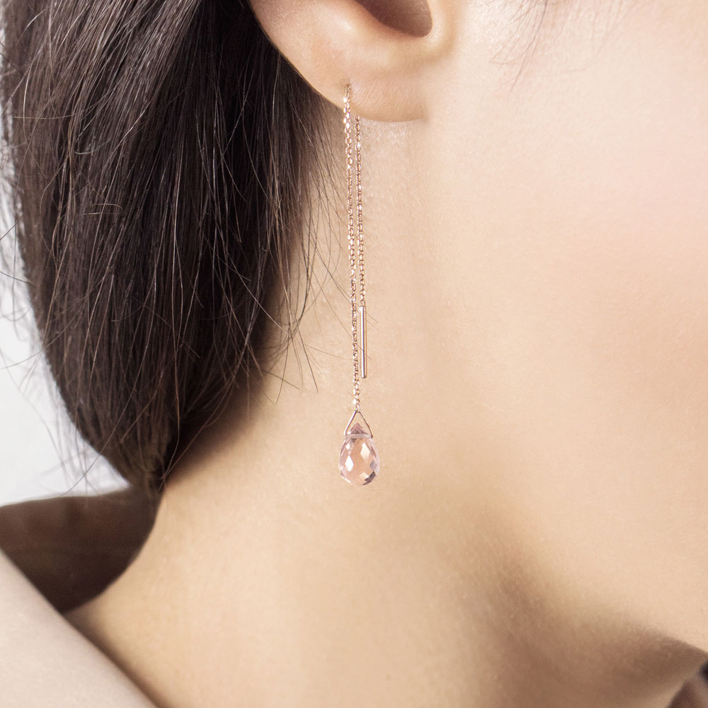 Rose Gold Threader Earrings with a Small Pink Quartz Worn By A Woman