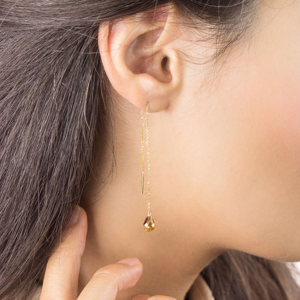 Tiny Citrine Yellow Gold Threader Earrings Worn By A Woman