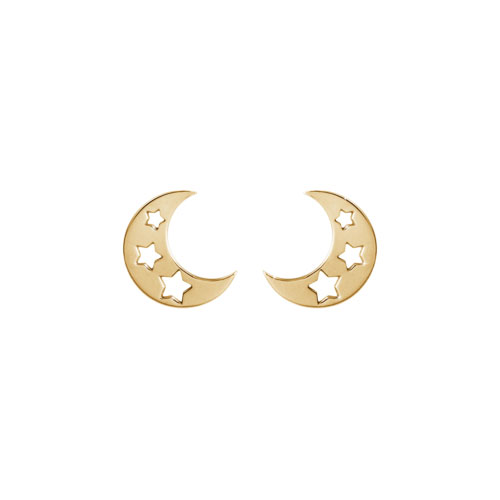 Yellow Gold Crescent Moon with Stars Stud Earrings
