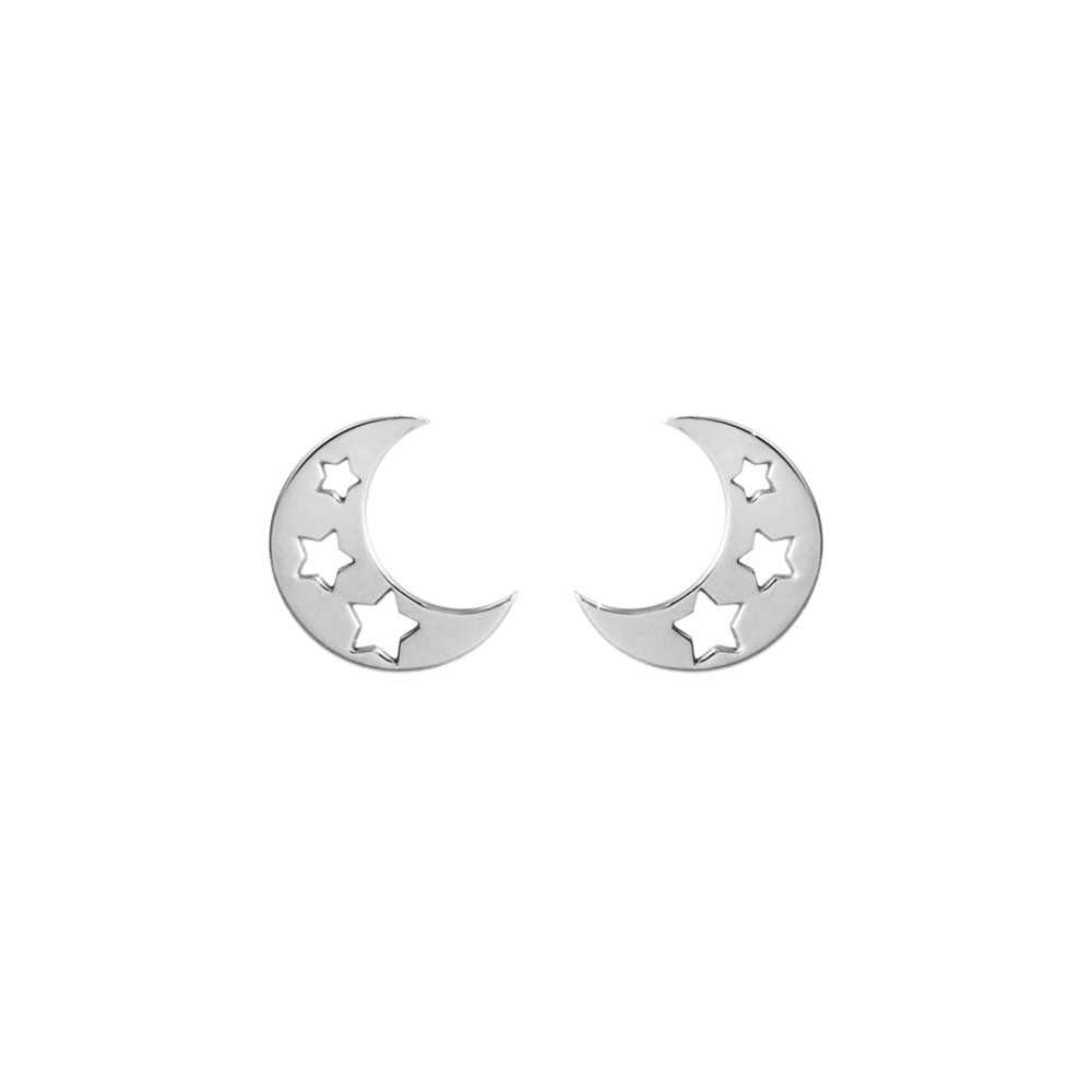 White Gold Crescent Moon with Stars Stud Earrings