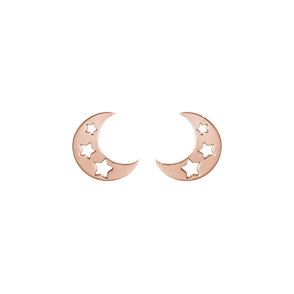 Rose Gold Crescent Moon with Stars Stud Earrings