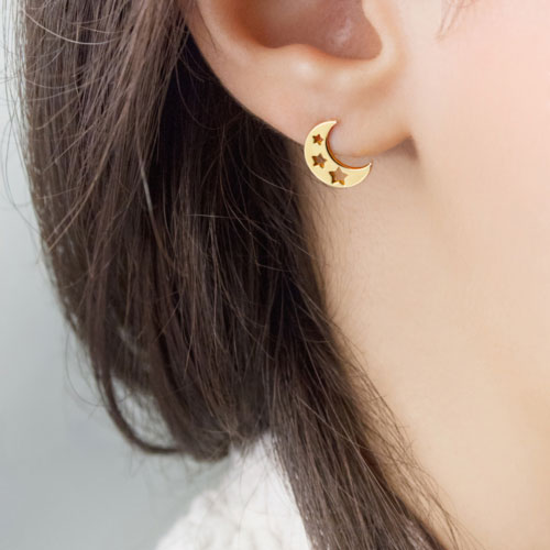 Crescent Moon with Stars Yellow Gold Stud Earrings Worn By A Woman