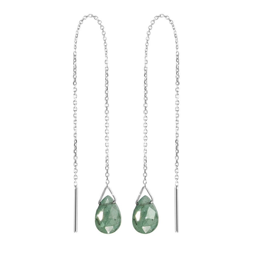 White Gold Threader Earrings with a Tiny Emerald