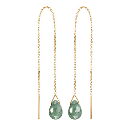 Yellow Gold Threader Earrings with a Tiny Emerald