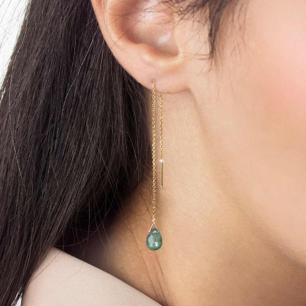 Yellow Gold Threader Earrings with a Tiny Emerald Worn By A Woman