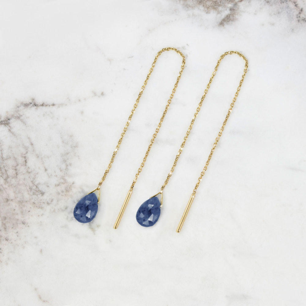 Tiny Sapphire Yellow Gold Threader Earrings