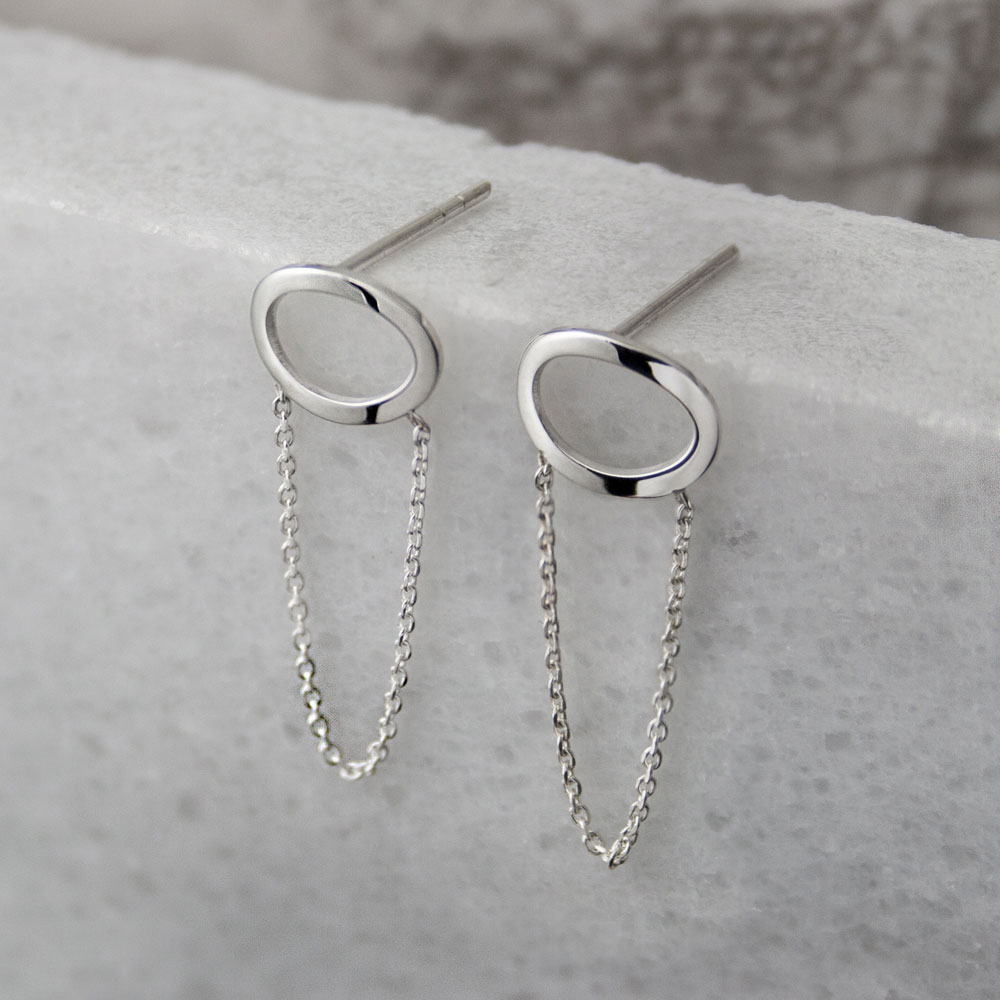 Long White Gold Chain Earrings with a Dainty Oval