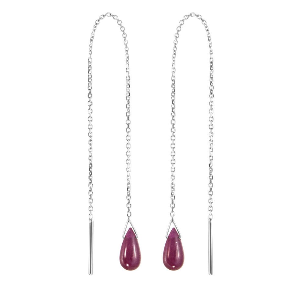 White Gold Threader Earrings with a Tiny Ruby