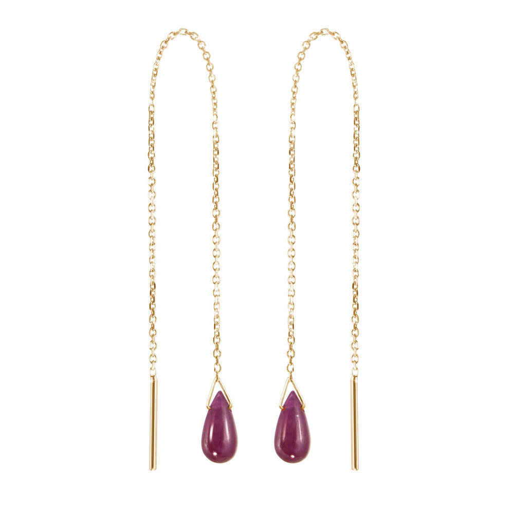 Yellow Gold Threader Earrings with a Tiny Ruby