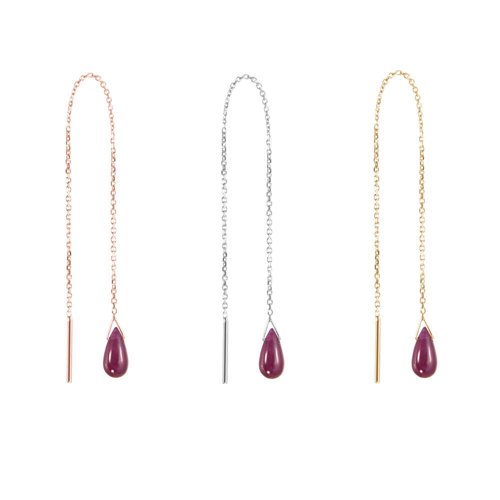 All Three Options Of The Gold Threader Earrings with a Tiny Ruby