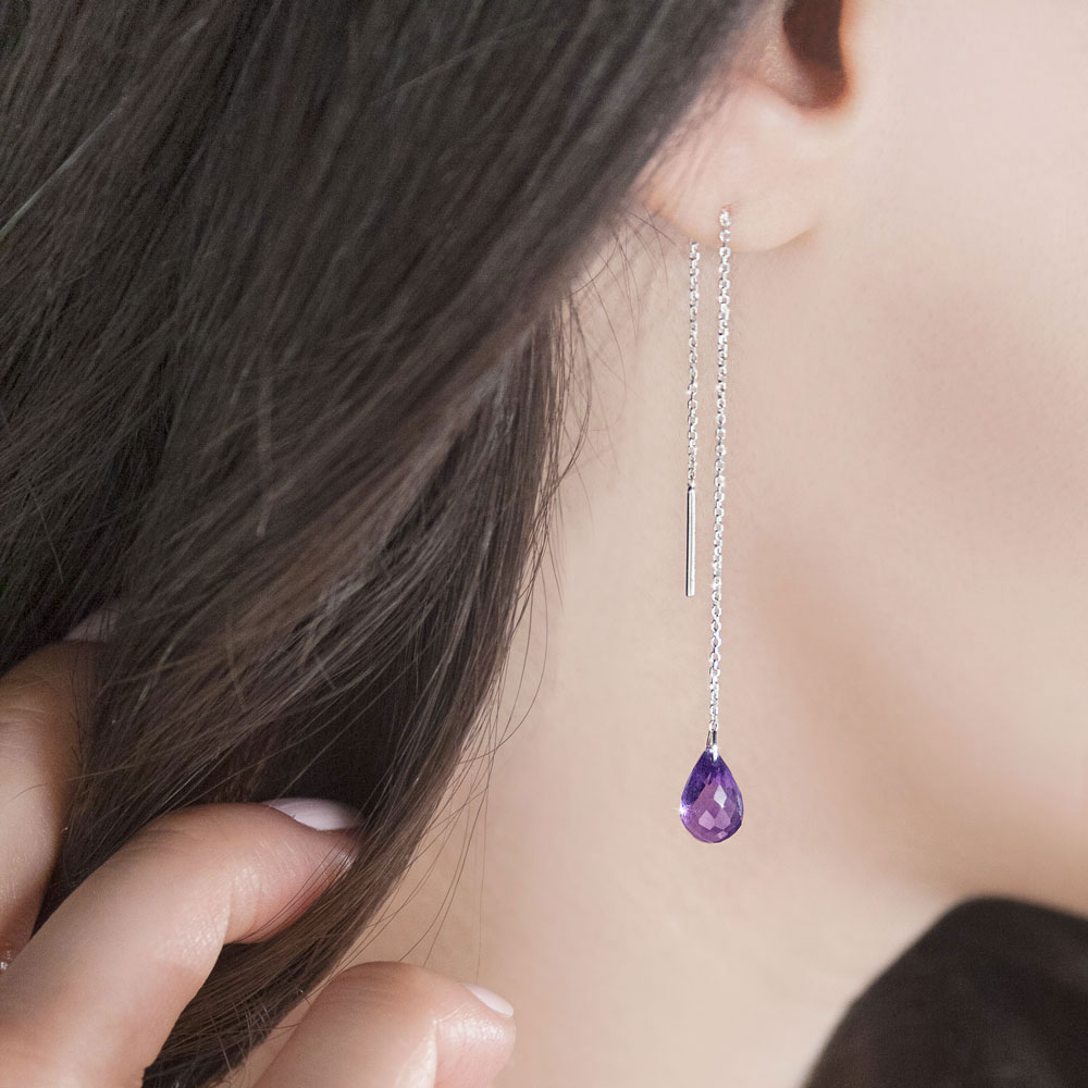 White Gold Small Amethyst Threader Earrings Worn By A Woman