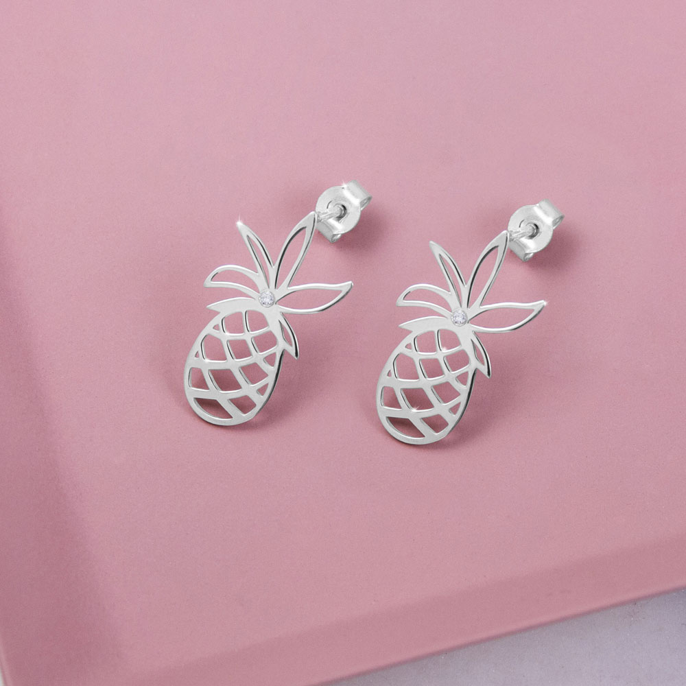 White Gold Dainty Pineapple Stud Earrings with a Tiny White Diamond