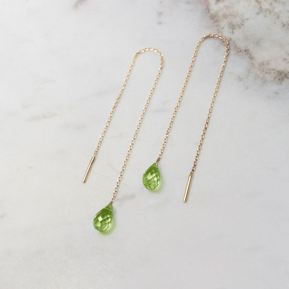 Tiny Peridot Gold Threader Earrings In Yellow Gold
