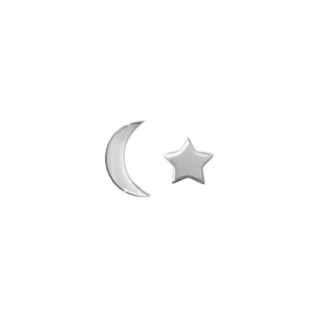 Mini Moon and Star, White Gold Mismatched Stud Earrings