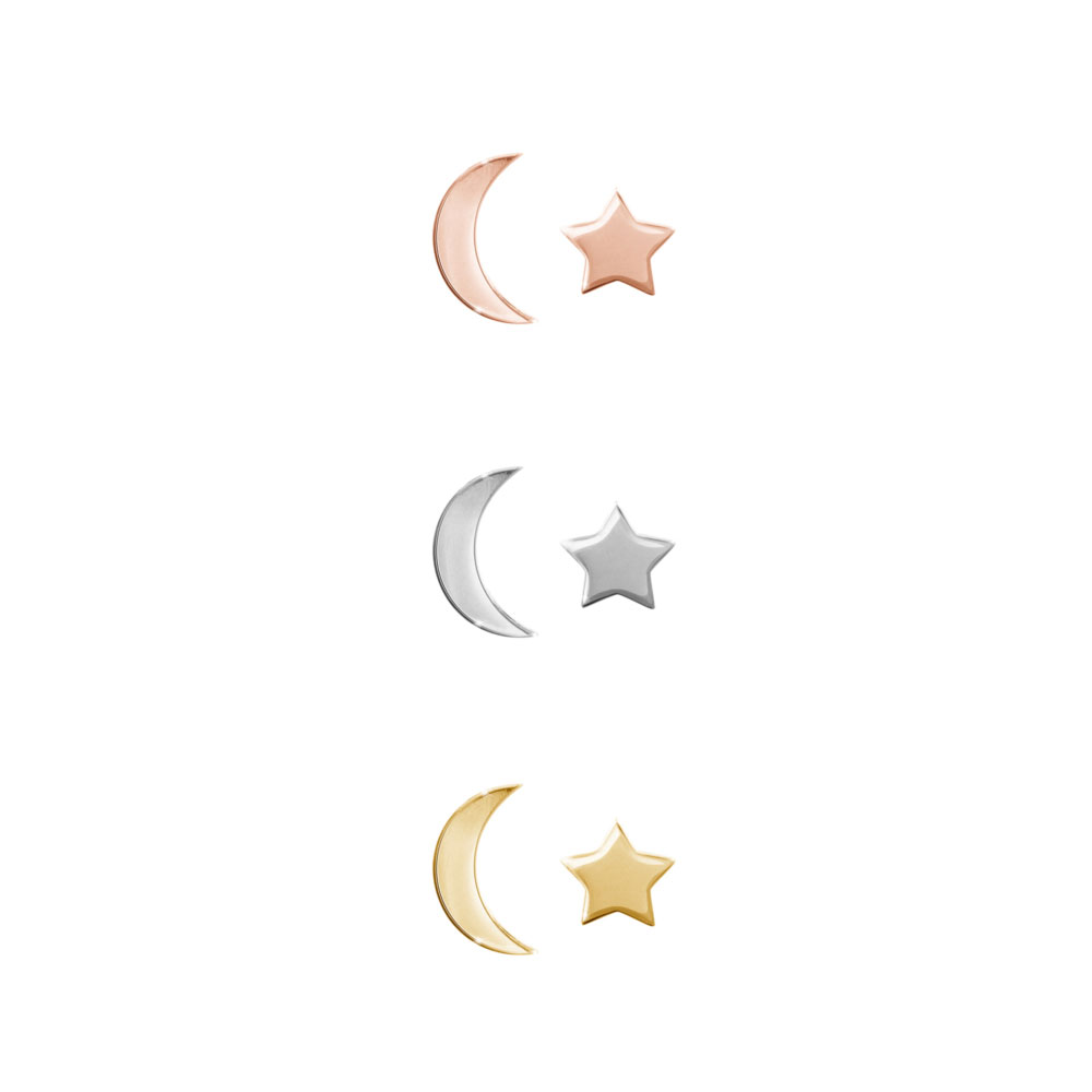 All Three Options Of The Mini Moon and Star, Gold Mismatched Stud Earrings
