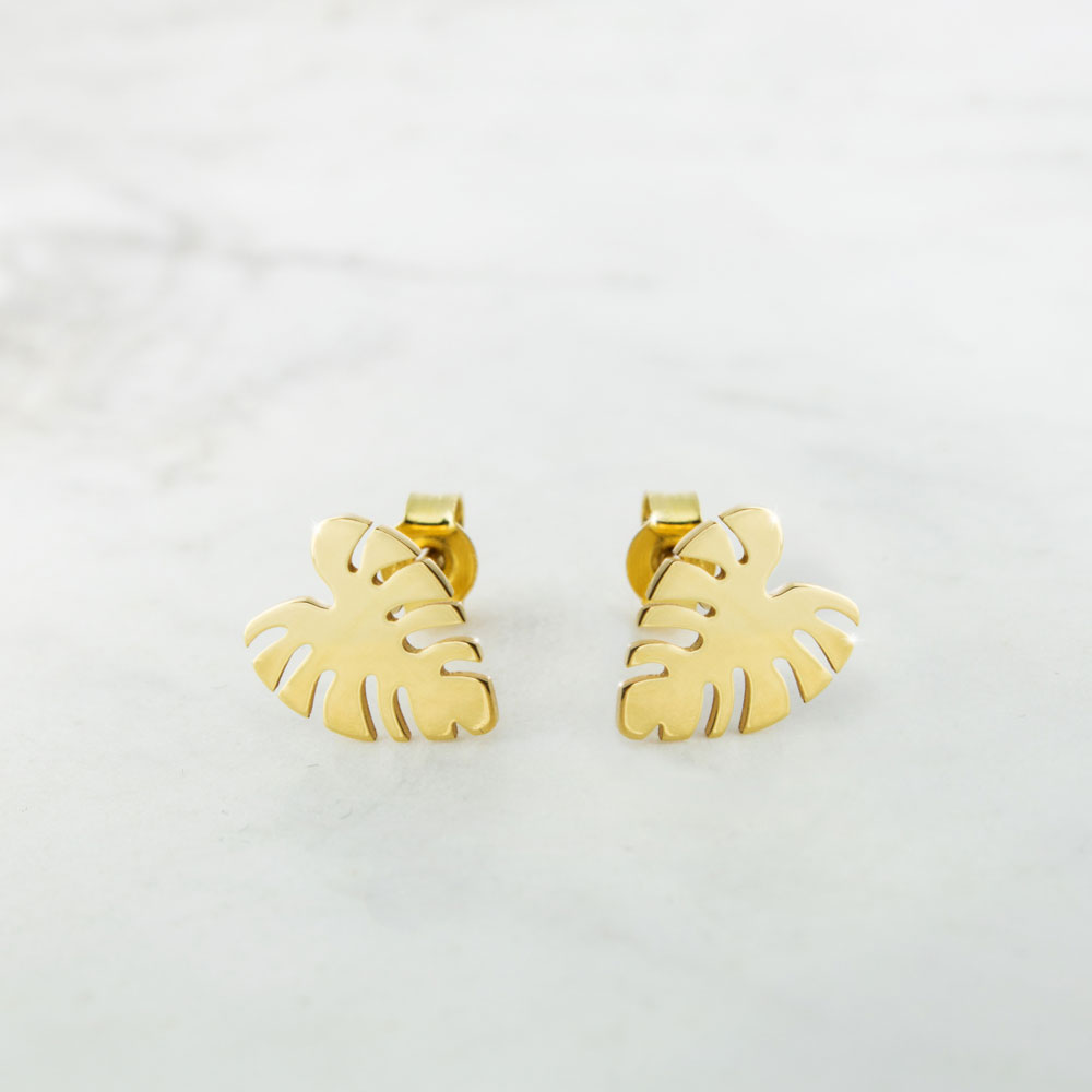 Tropical Monstera Leaf Studs In Yellow Gold