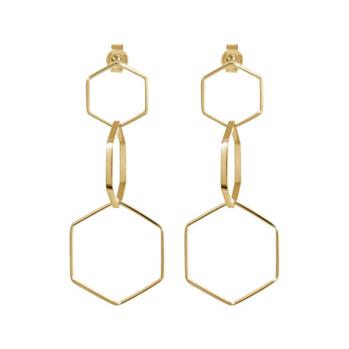 Long Yellow Gold Earrings with Three Dangling Hexagons