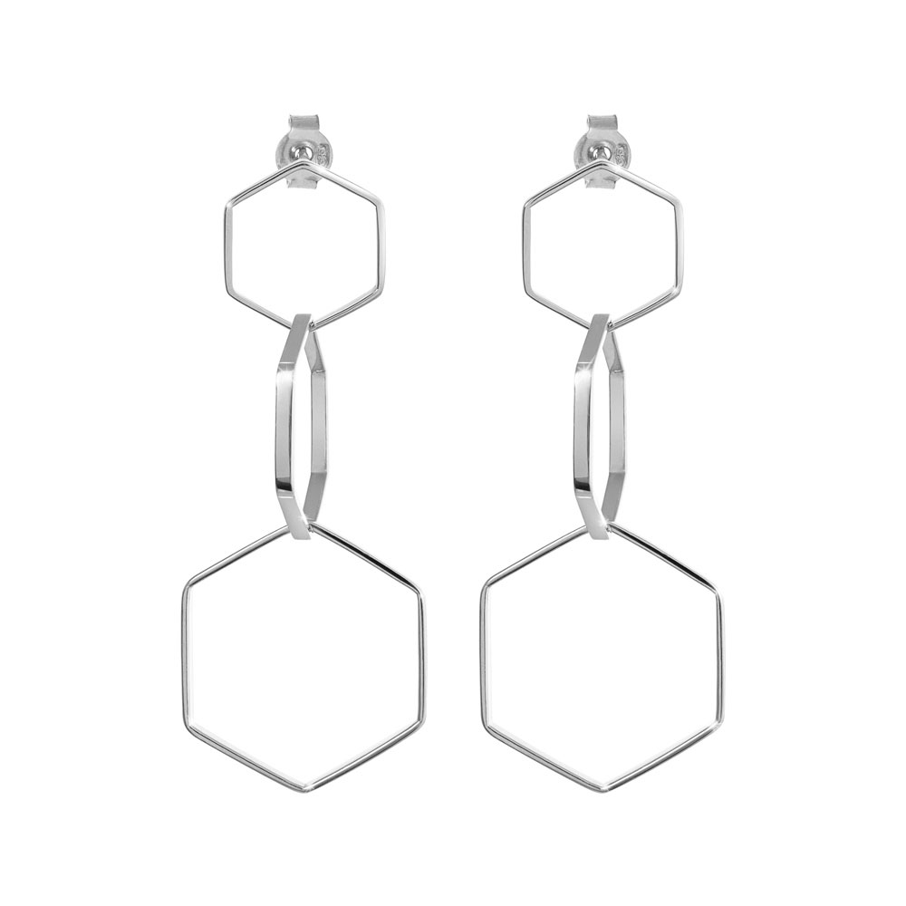 Long White Gold Earrings with Three Dangling Hexagons