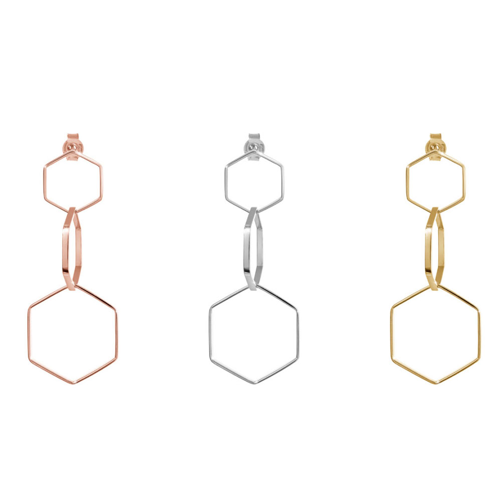 All Three Options Of The Long Gold Earrings with Three Dangling Hexagons