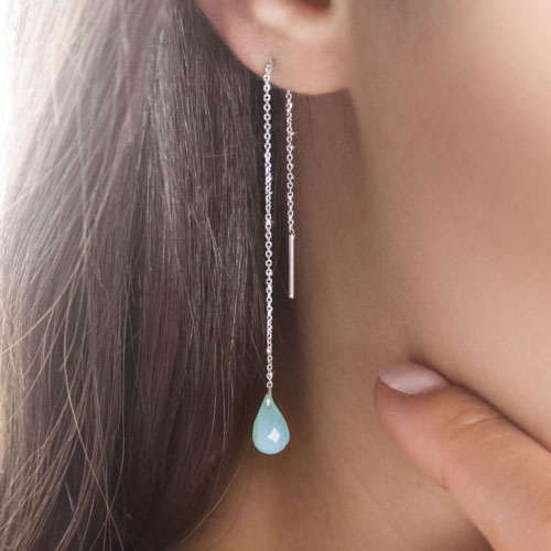 White Gold Threader Earrings with a Tiny Blue Opal