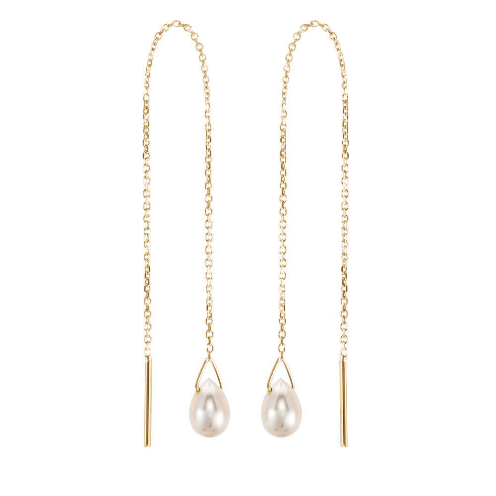 Tiny White Pearl In Yellow Gold Threader Earrings