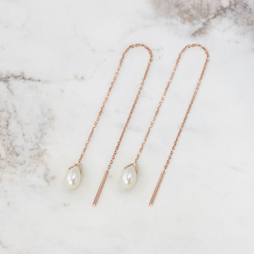 Tiny White Pearl In Rose Gold Threader Earrings