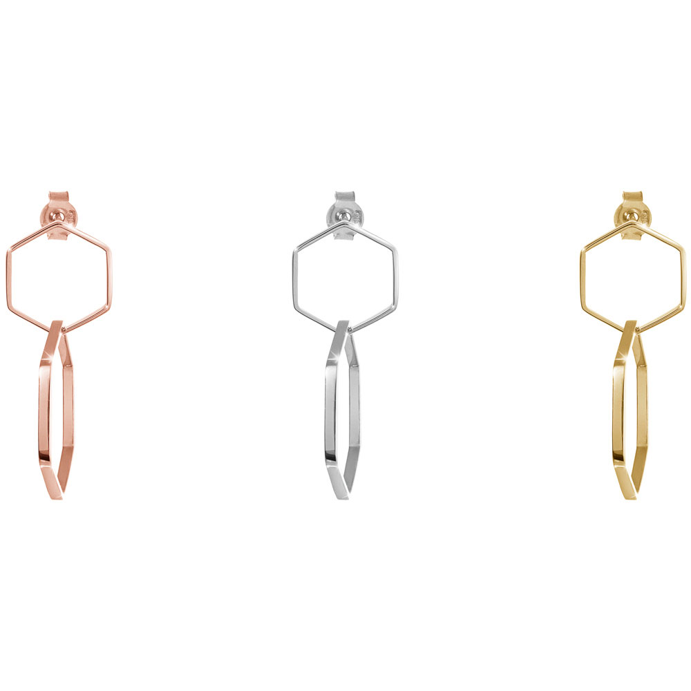 All Three Options Of The Two Dangling Hexagons Earrings in Solid Gold