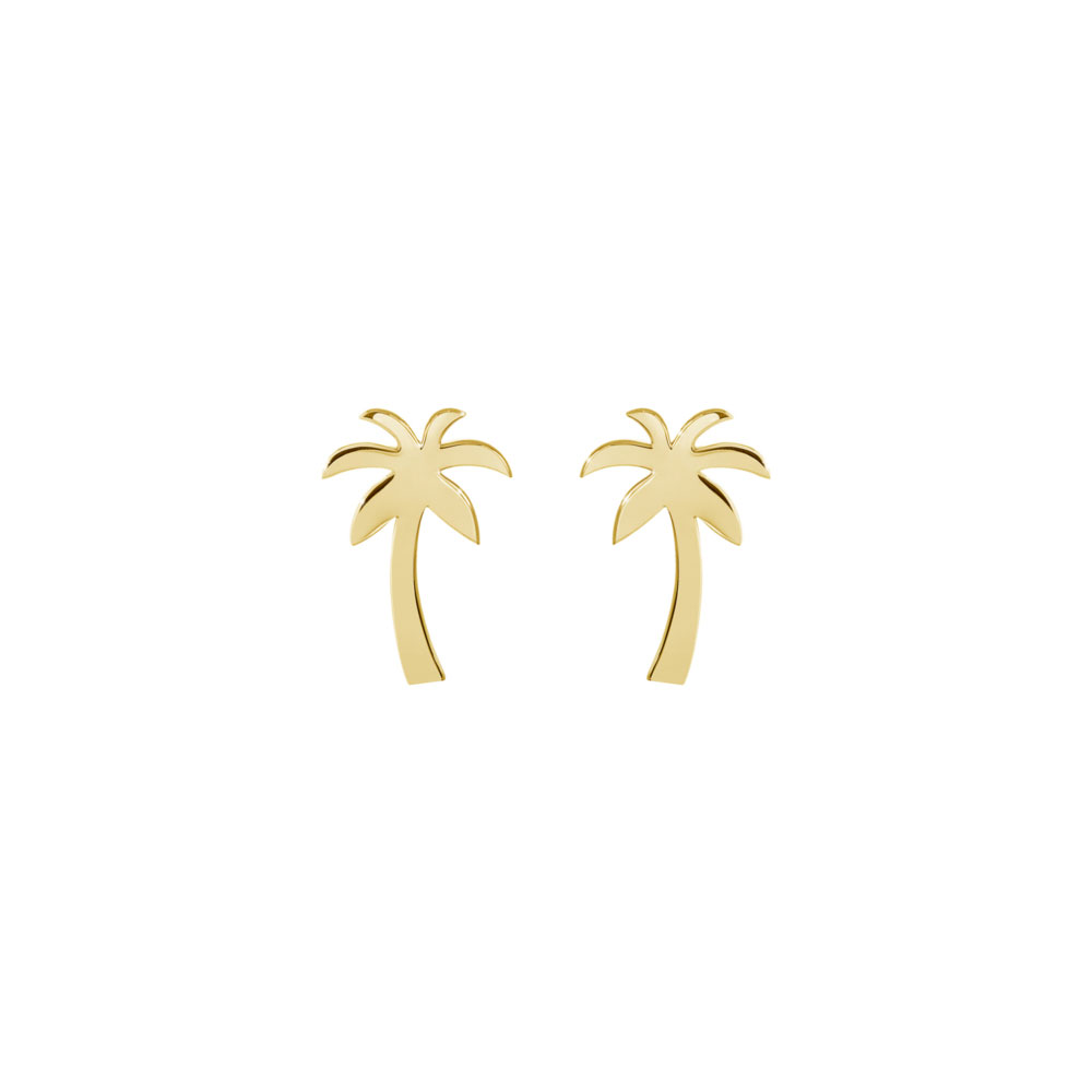 Small Palm Tree Yellow Gold Stud Earrings