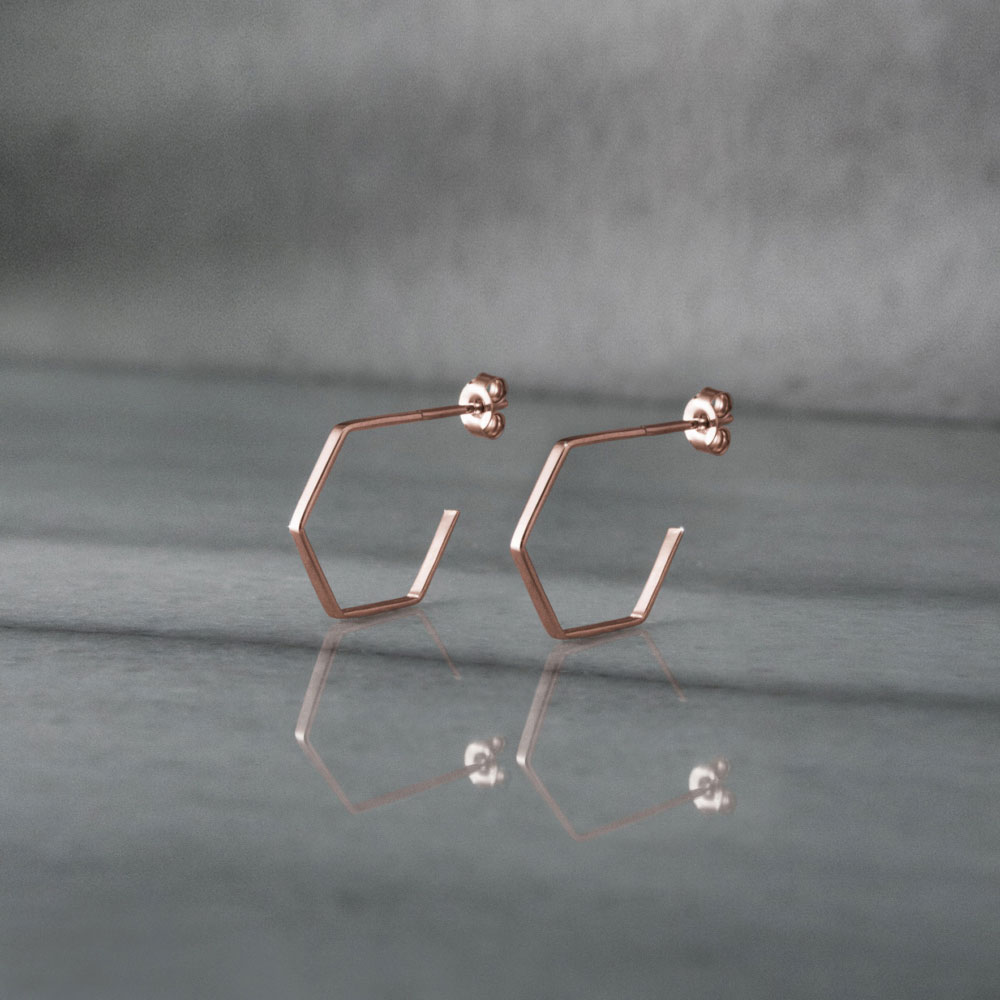 Tiny Hexagon Hoop Earrings in Rose Gold