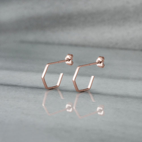 Tiny Hexagon Hoop Earrings in Rose Gold