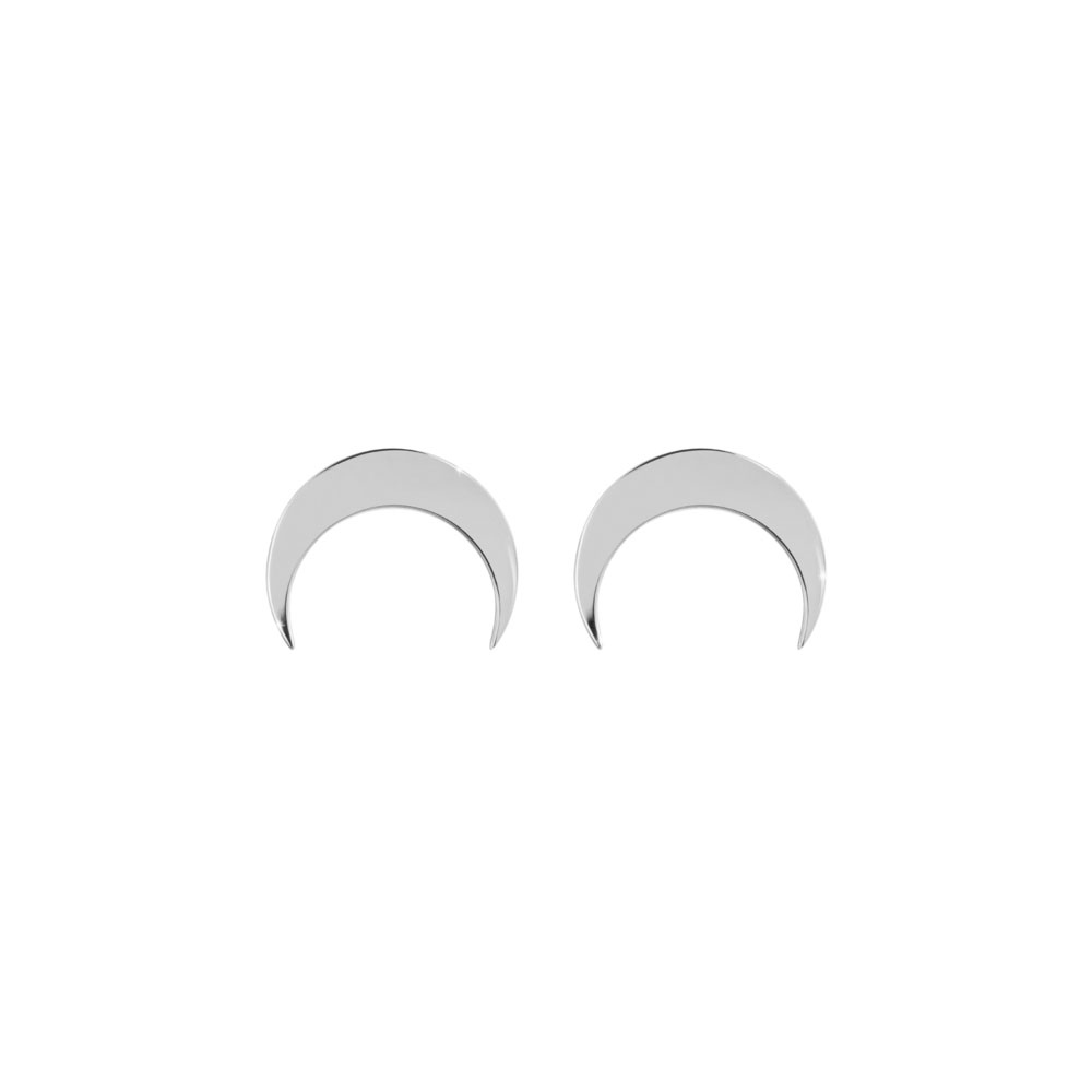 White Gold Double Horn Stud Earrings, Crescent Moon