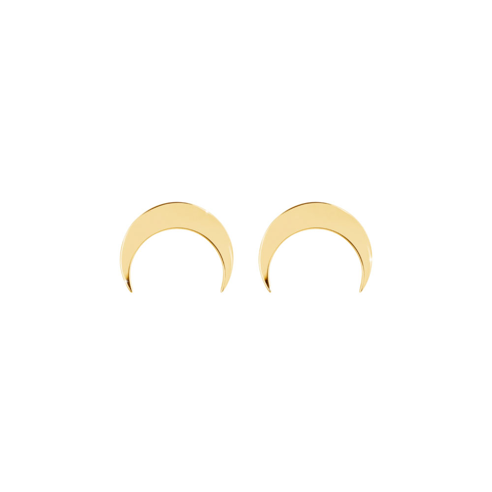 Yellow Gold Double Horn Stud Earrings, Crescent Moon
