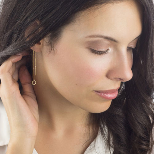Yellow Gold Threader Earrings with a Tiny Hexagon Worn By A Woman