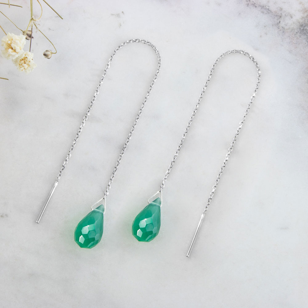 White Gold Threader Earrings with a Small Green Agate