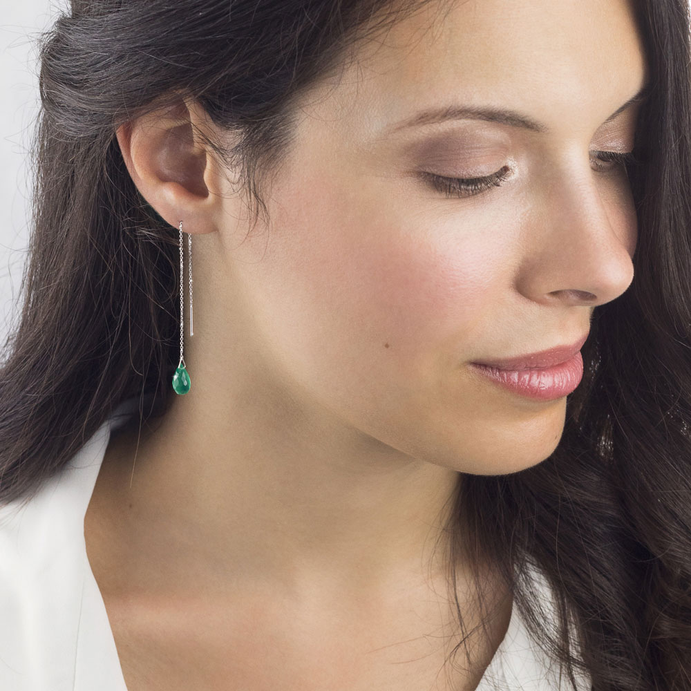 White Gold Threader Earrings with a Small Green Agate Worn By A Woman