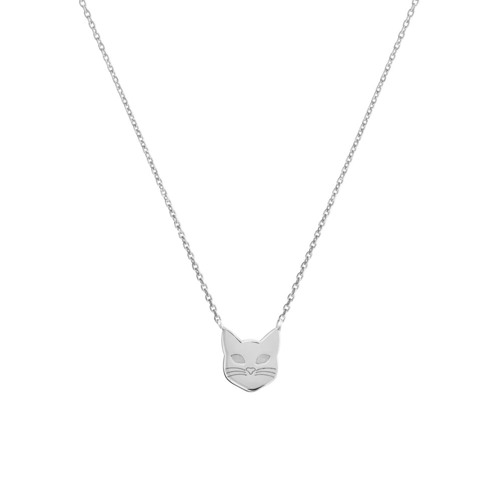 Dainty Cat Face Charm, Necklace in White Gold