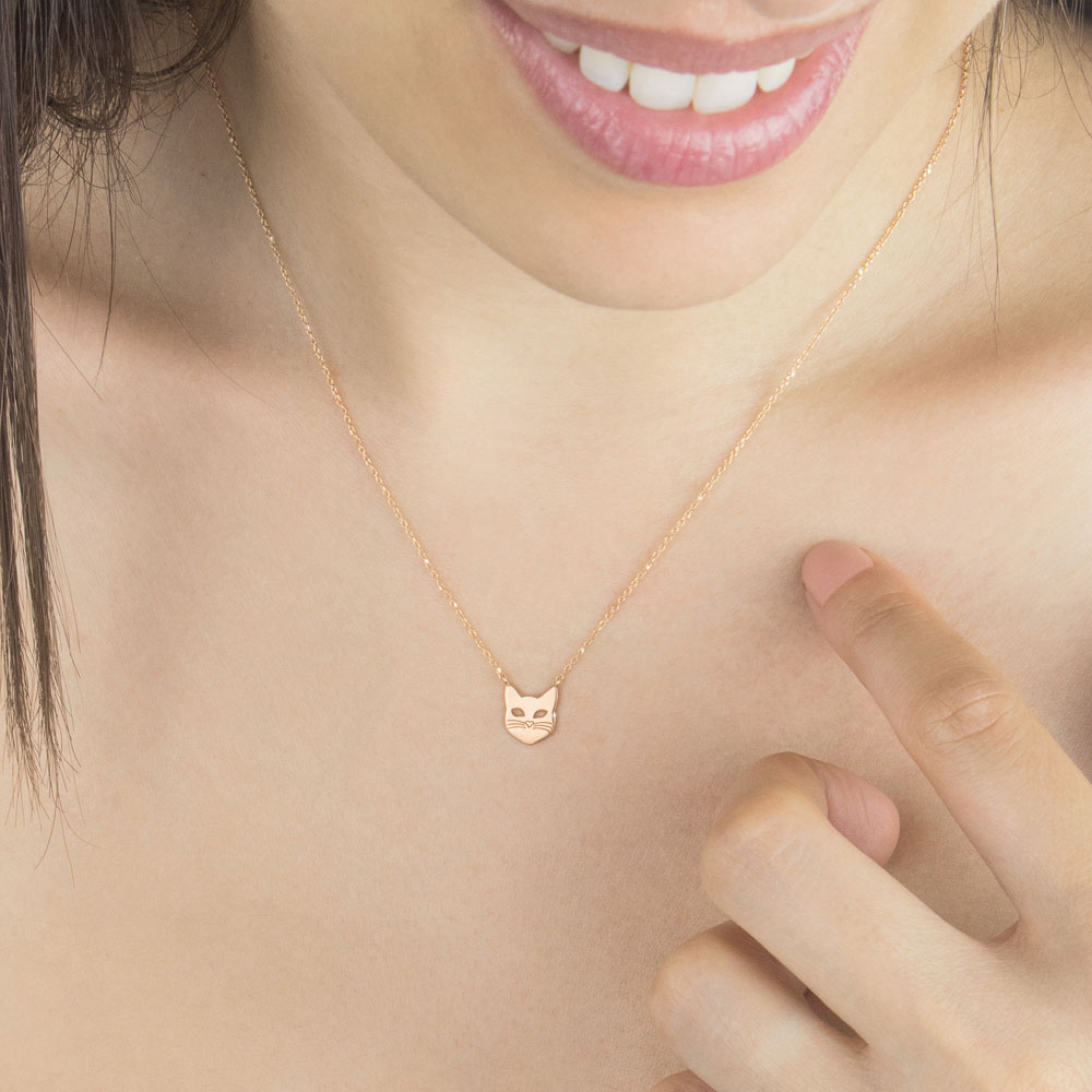 Dainty Cat Face Charm, Necklace in Rose Gold Worn By A Woman