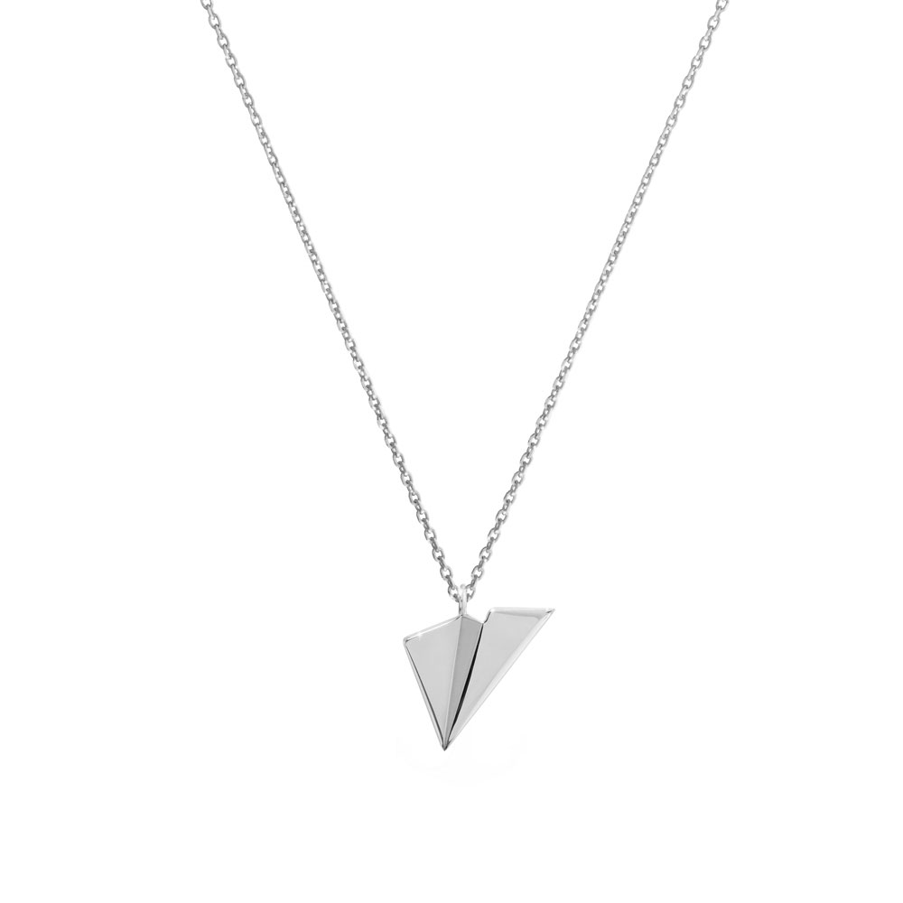 A Two Dimensional Paper Plane Pendant Necklace in White Gold