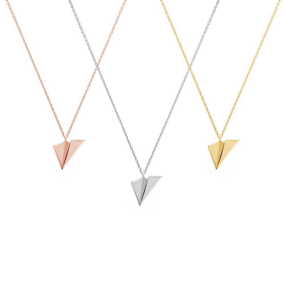 All Three Options Of The Two Dimensional Paper Plane Pendant Necklace in Solid Gold