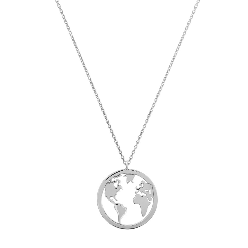 World Map Pendant Necklace in White Gold