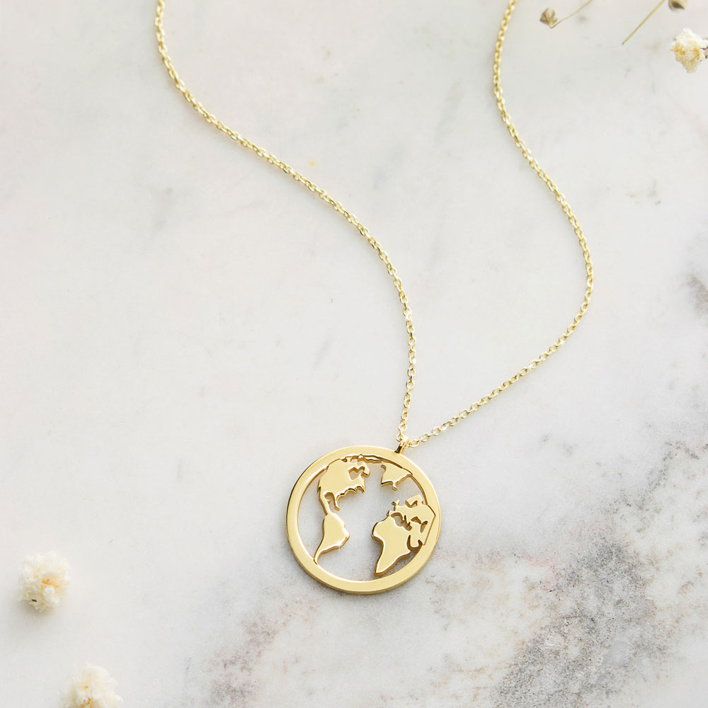 World Map Pendant Necklace in Yellow Gold