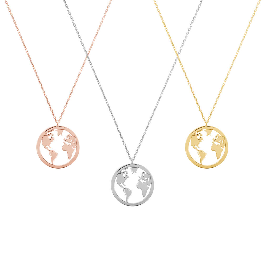 All Three Options Of The World Map Pendant Necklace in Yellow Gold