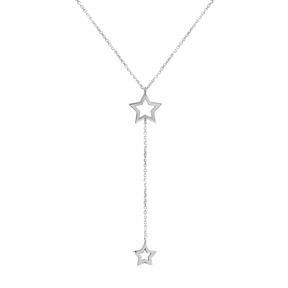 White Gold Y Necklace with Two Stars
