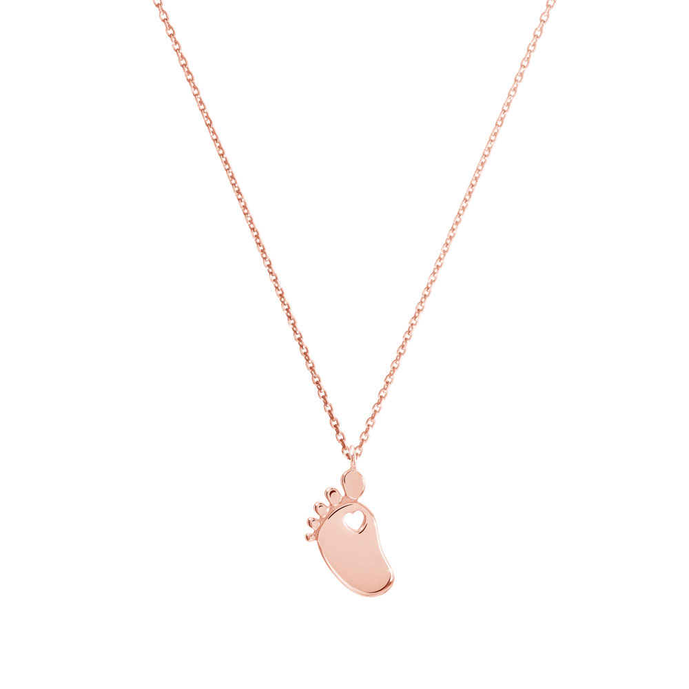 A Small Baby Foot with a Heart Pendant Necklace In Rose Gold