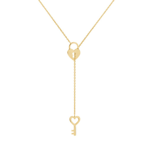 Gold Lariat Style Necklace with a Heart Locket and a Key In Yellow Gold