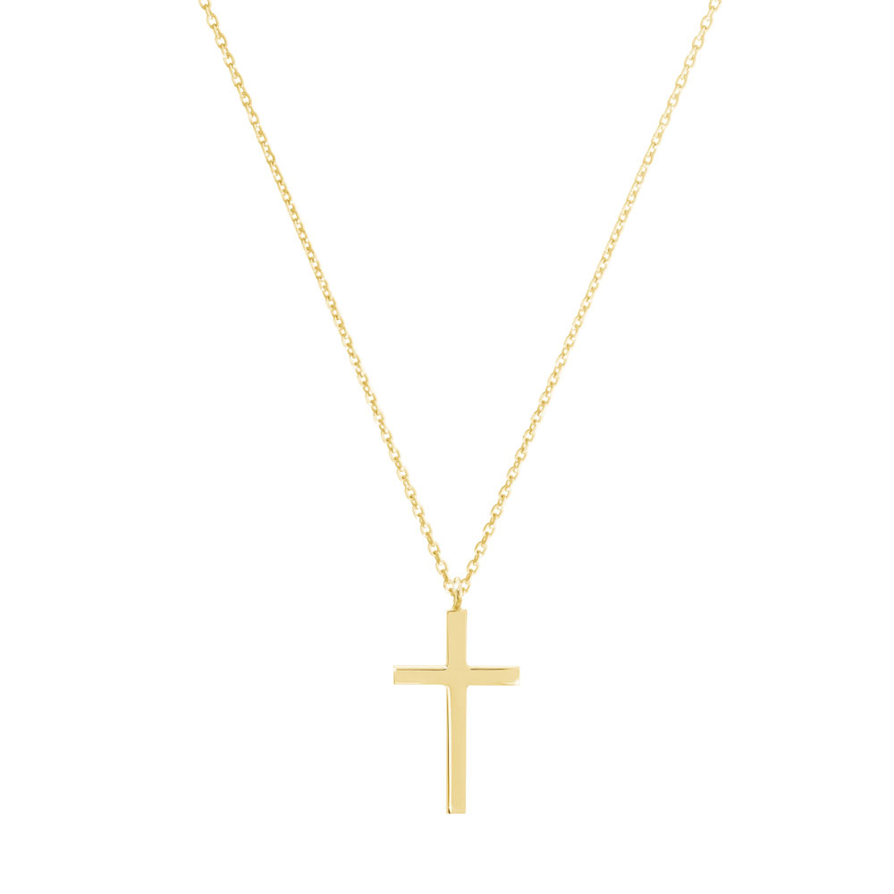 a small thin cross pendant necklace in yellow gold